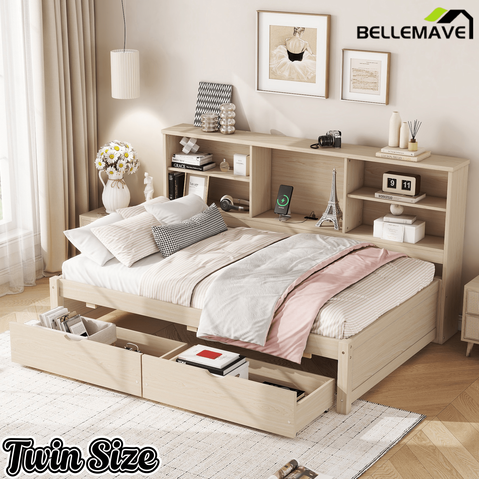 Bellemave® Twin Size Upholstered Bed with Bookcase Headboard, 2 Drawers & Charging Station - Bellemave