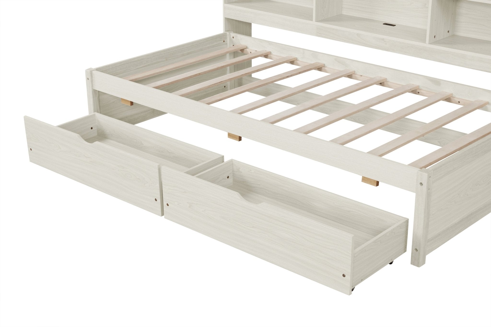 Bellemave® Twin Size Upholstered Bed with Bookcase Headboard, 2 Drawers & Charging Station - Bellemave