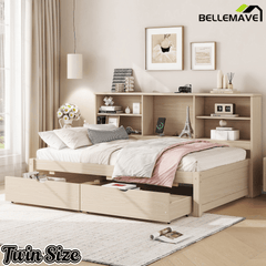 Bellemave® Twin Size Upholstered Bed with Bookcase Headboard, 2 Drawers & Charging Station - Bellemave