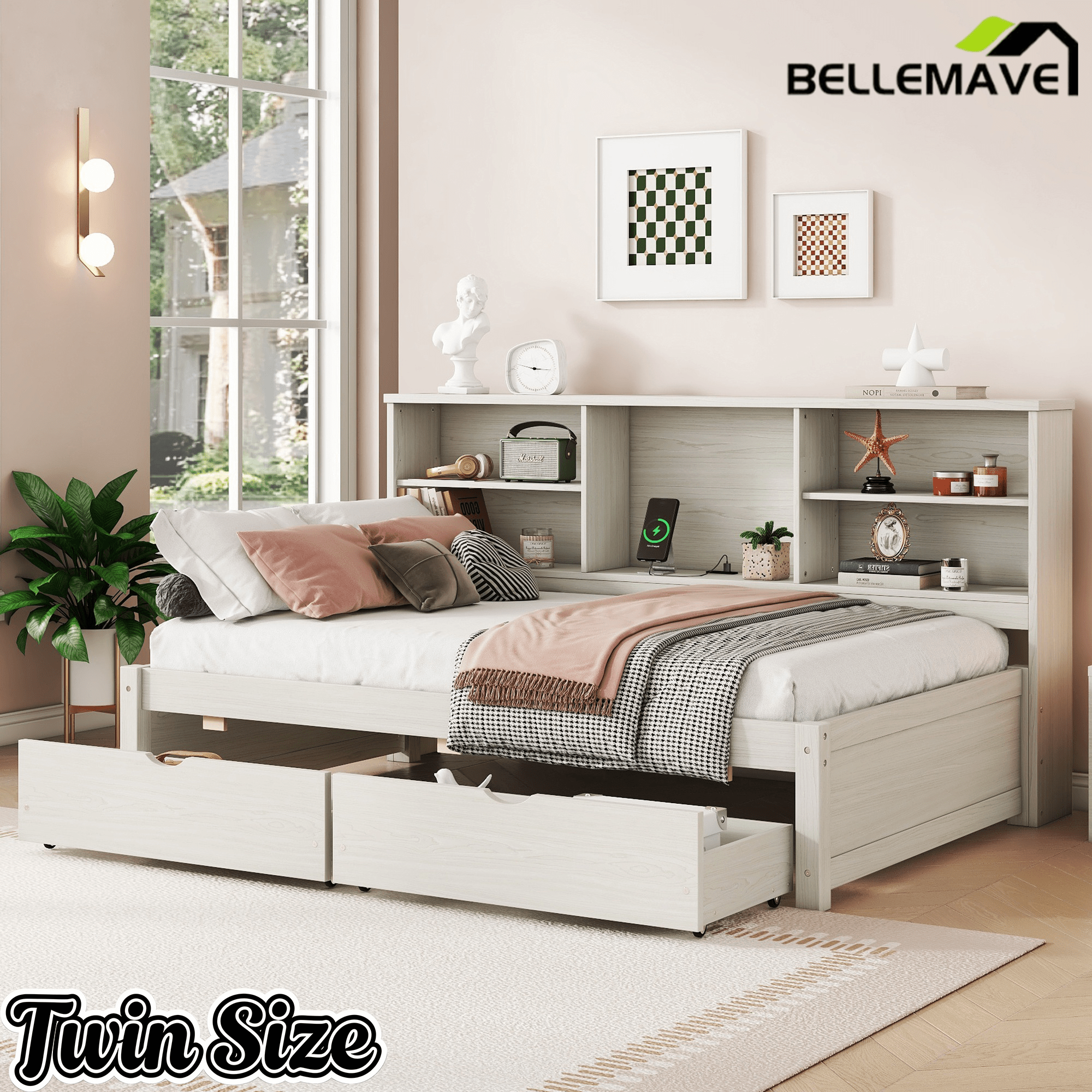 Bellemave® Twin Size Upholstered Bed with Bookcase Headboard, 2 Drawers & Charging Station - Bellemave