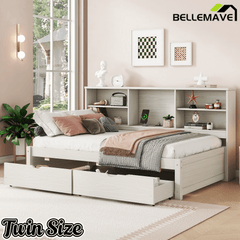 Bellemave® Twin Size Upholstered Bed with Bookcase Headboard, 2 Drawers & Charging Station - Bellemave