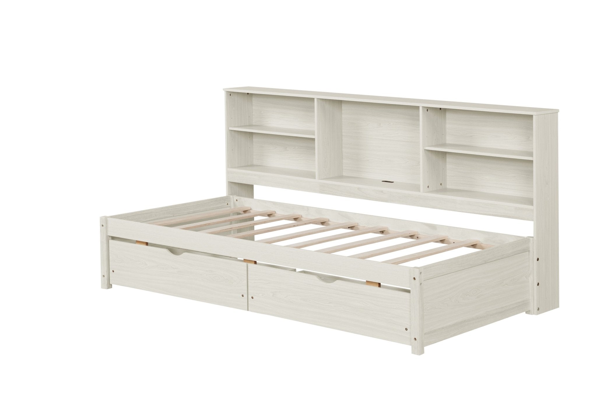 Bellemave® Twin Size Upholstered Bed with Bookcase Headboard, 2 Drawers & Charging Station - Bellemave