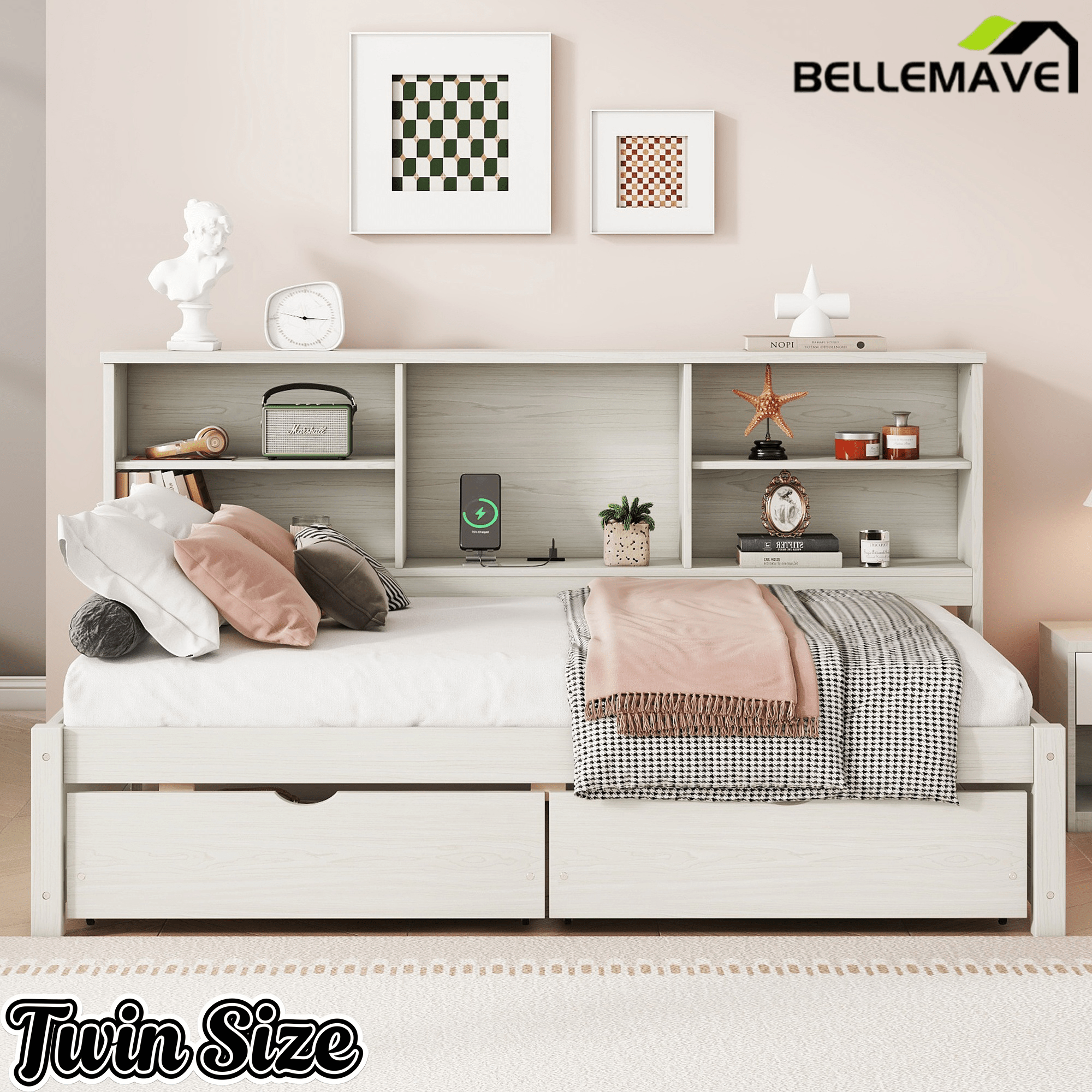Bellemave® Twin Size Upholstered Bed with Bookcase Headboard, 2 Drawers & Charging Station - Bellemave