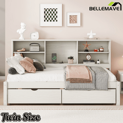 Bellemave® Twin Size Upholstered Bed with Bookcase Headboard, 2 Drawers & Charging Station - Bellemave