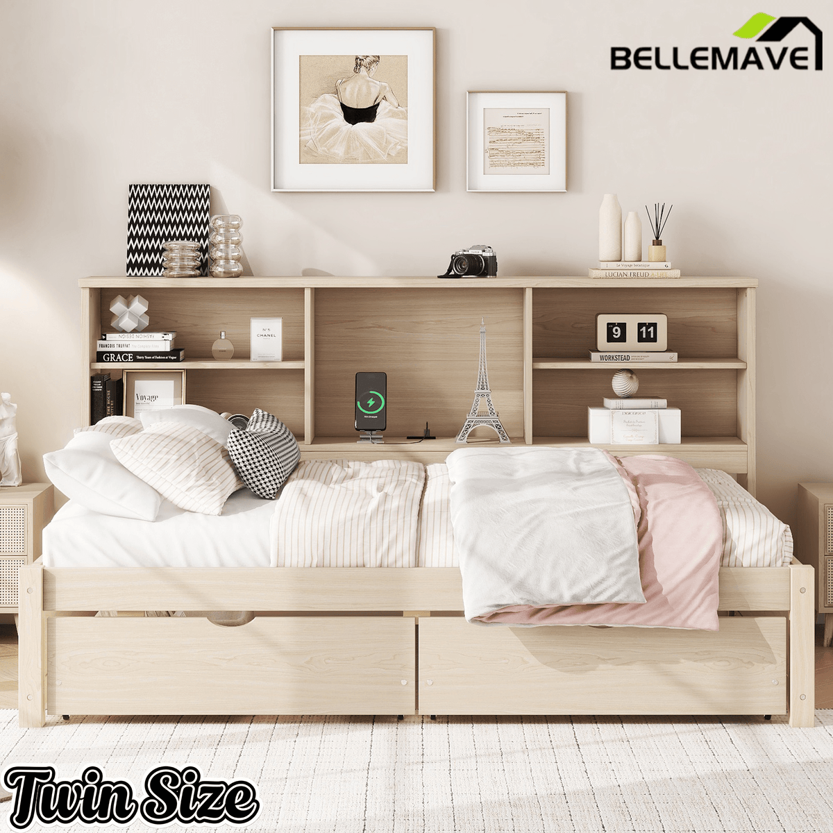 Bellemave® Twin Size Upholstered Bed with Bookcase Headboard, 2 Drawers & Charging Station - Bellemave