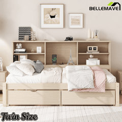 Bellemave® Twin Size Upholstered Bed with Bookcase Headboard, 2 Drawers & Charging Station - Bellemave