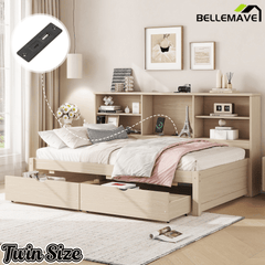 Bellemave® Twin Size Upholstered Bed with Bookcase Headboard, 2 Drawers & Charging Station - Bellemave
