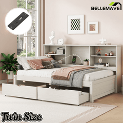Bellemave® Twin Size Upholstered Bed with Bookcase Headboard, 2 Drawers & Charging Station - Bellemave