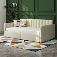 Bellemave® Twin Size Upholstered Daybed with 2 Drawers and Ribbed Tufted Backrest - Bellemave