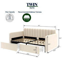 Bellemave® Twin Size Upholstered Daybed with 2 Drawers and Ribbed Tufted Backrest - Bellemave