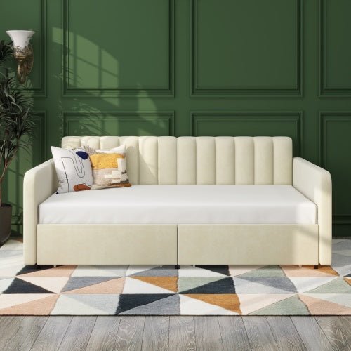 Bellemave® Twin Size Upholstered Daybed with 2 Drawers and Ribbed Tufted Backrest - Bellemave