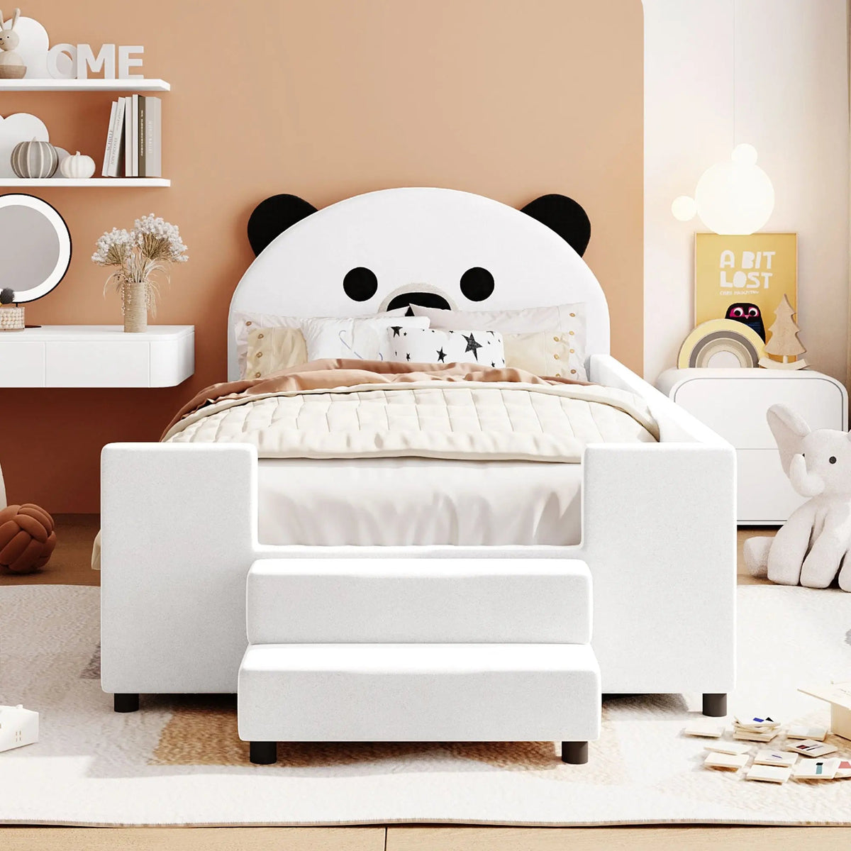 Bellemave® Twin Size Upholstered Daybed with Bear Shaped Headboard, Hydraulic System and Breathable Mesh Fence - Bellemave
