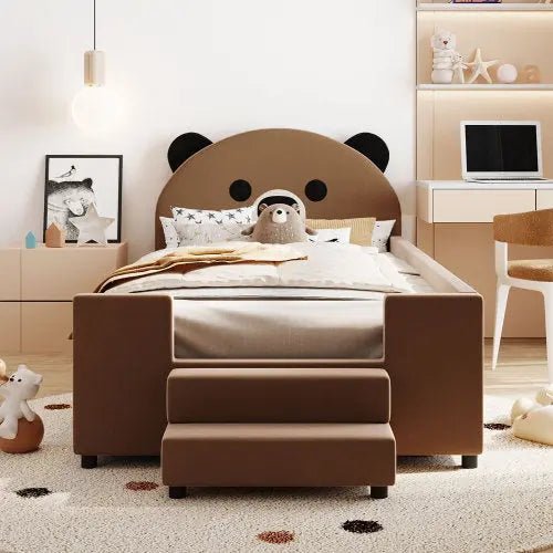 Bellemave® Twin Size Upholstered Daybed with Bear Shaped Headboard, Hydraulic System and Breathable Mesh Fence - Bellemave