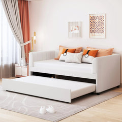 Bellemave® Twin Size Upholstered Daybed with Ergonomic Design Backrest and Trundle - Bellemave