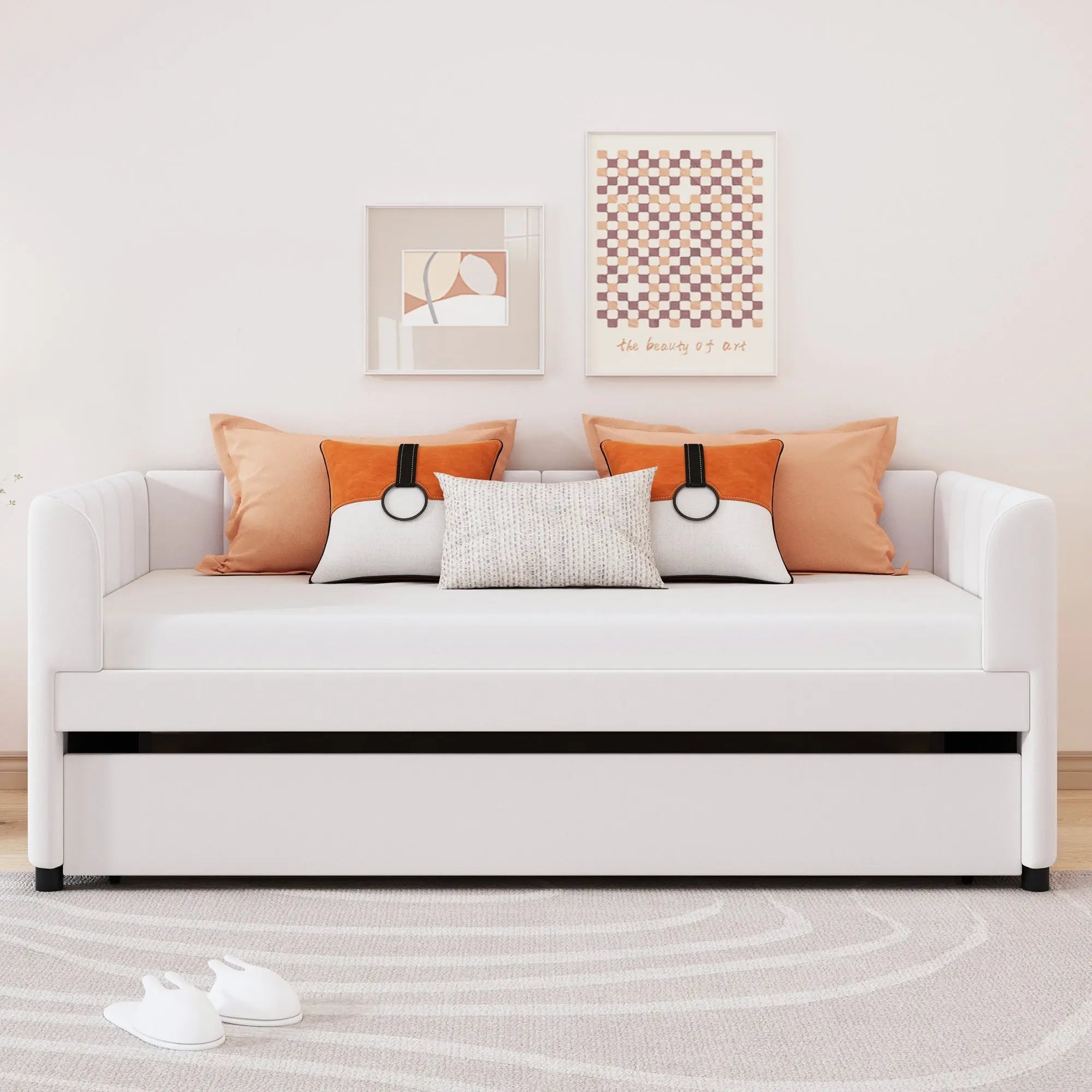 Bellemave® Twin Size Upholstered Daybed with Ergonomic Design Backrest and Trundle - Bellemave