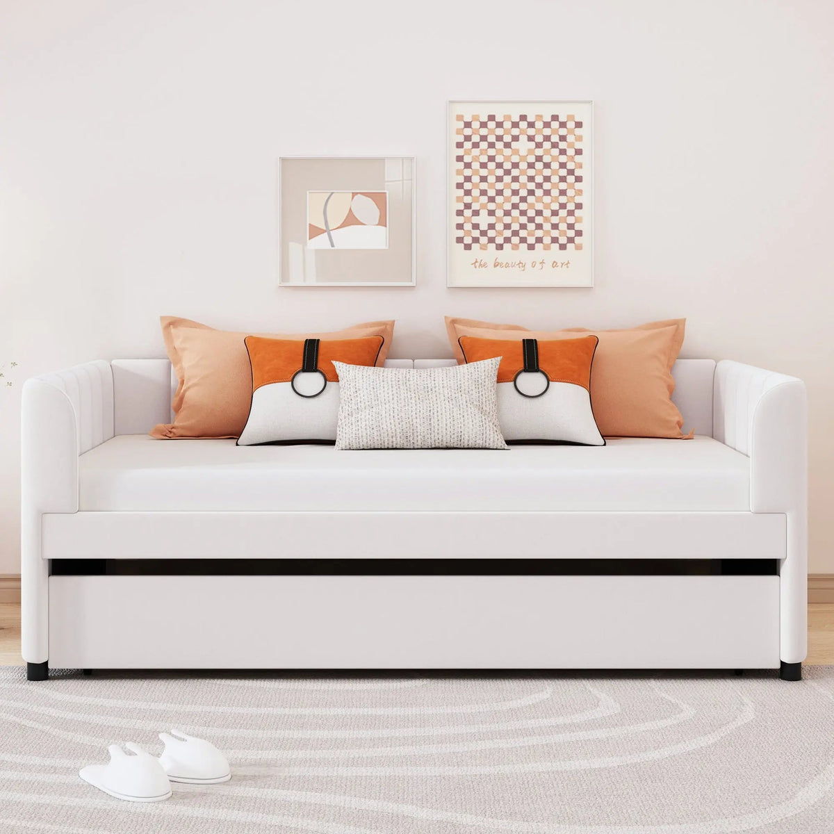 Bellemave® Twin Size Upholstered Daybed with Ergonomic Design Backrest and Trundle - Bellemave