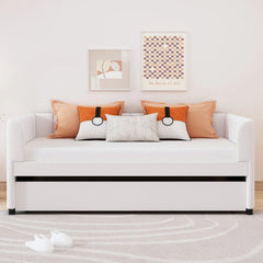 Bellemave® Twin Size Upholstered Daybed with Ergonomic Design Backrest and Trundle - Bellemave