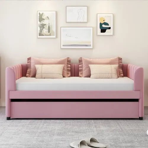 Bellemave® Twin Size Upholstered Daybed with Ergonomic Design Backrest and Trundle - Bellemave