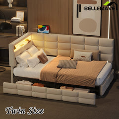 Bellemave® Twin Size Upholstered Daybed with Storage 2 Drawers and Charging Station, LED Lights and Storage Headboard - Bellemave