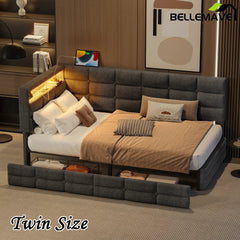 Bellemave® Twin Size Upholstered Daybed with Storage 2 Drawers and Charging Station, LED Lights and Storage Headboard - Bellemave
