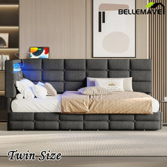 Bellemave® Twin Size Upholstered Daybed with Storage 2 Drawers and Charging Station, LED Lights and Storage Headboard - Bellemave
