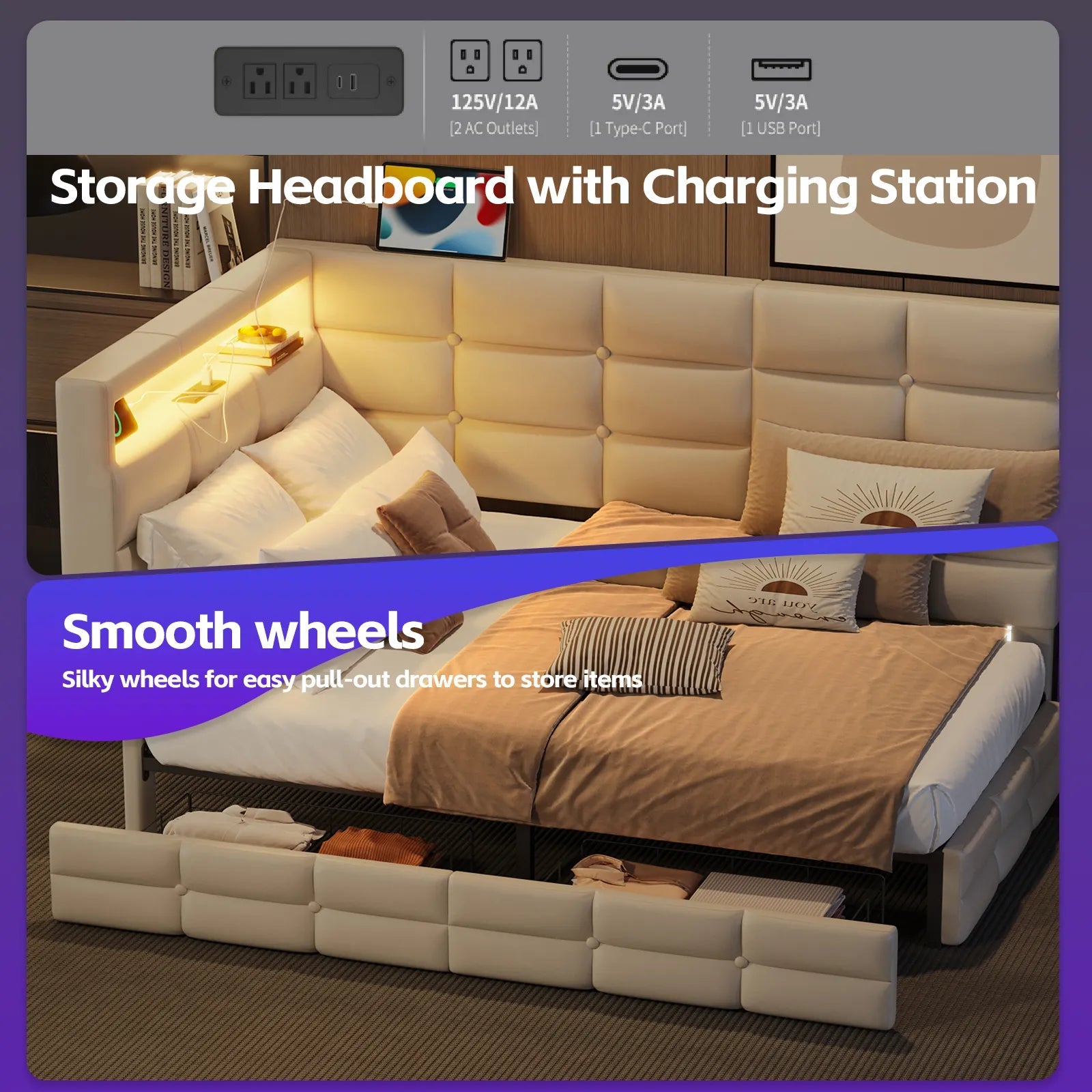 Bellemave® Twin Size Upholstered Daybed with Storage 2 Drawers and Charging Station, LED Lights and Storage Headboard - Bellemave