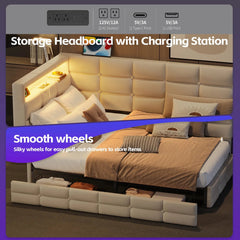Bellemave® Twin Size Upholstered Daybed with Storage 2 Drawers and Charging Station, LED Lights and Storage Headboard - Bellemave