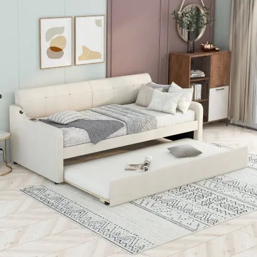 Bellemave® Twin Size Upholstered Daybed with Trundle and USB Charging - Bellemave