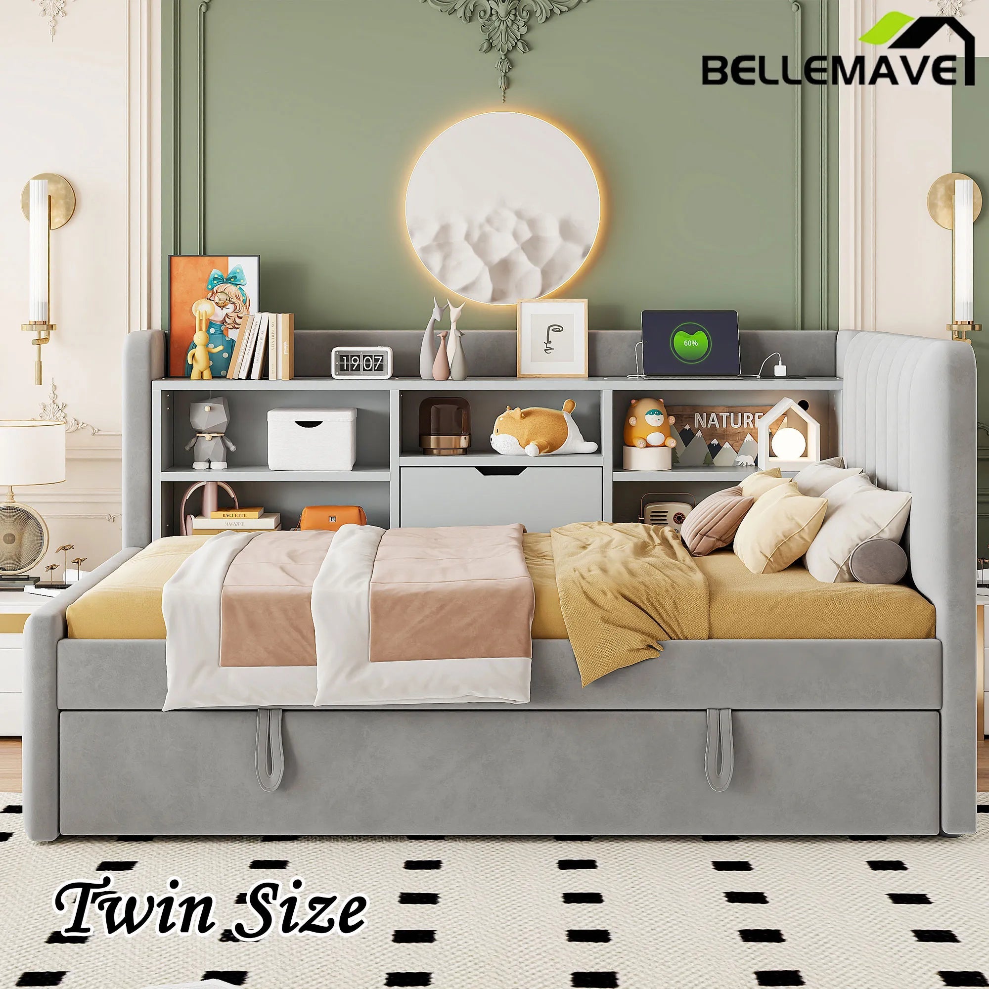 Bellemave® Twin Size Upholstered Daybed with Trundle, Storage Shelves, USB & Outlet - Bellemave