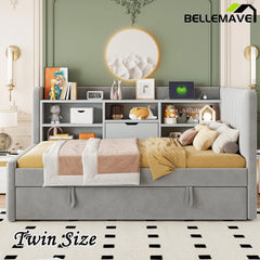 Bellemave® Twin Size Upholstered Daybed with Trundle, Storage Shelves, USB & Outlet - Bellemave