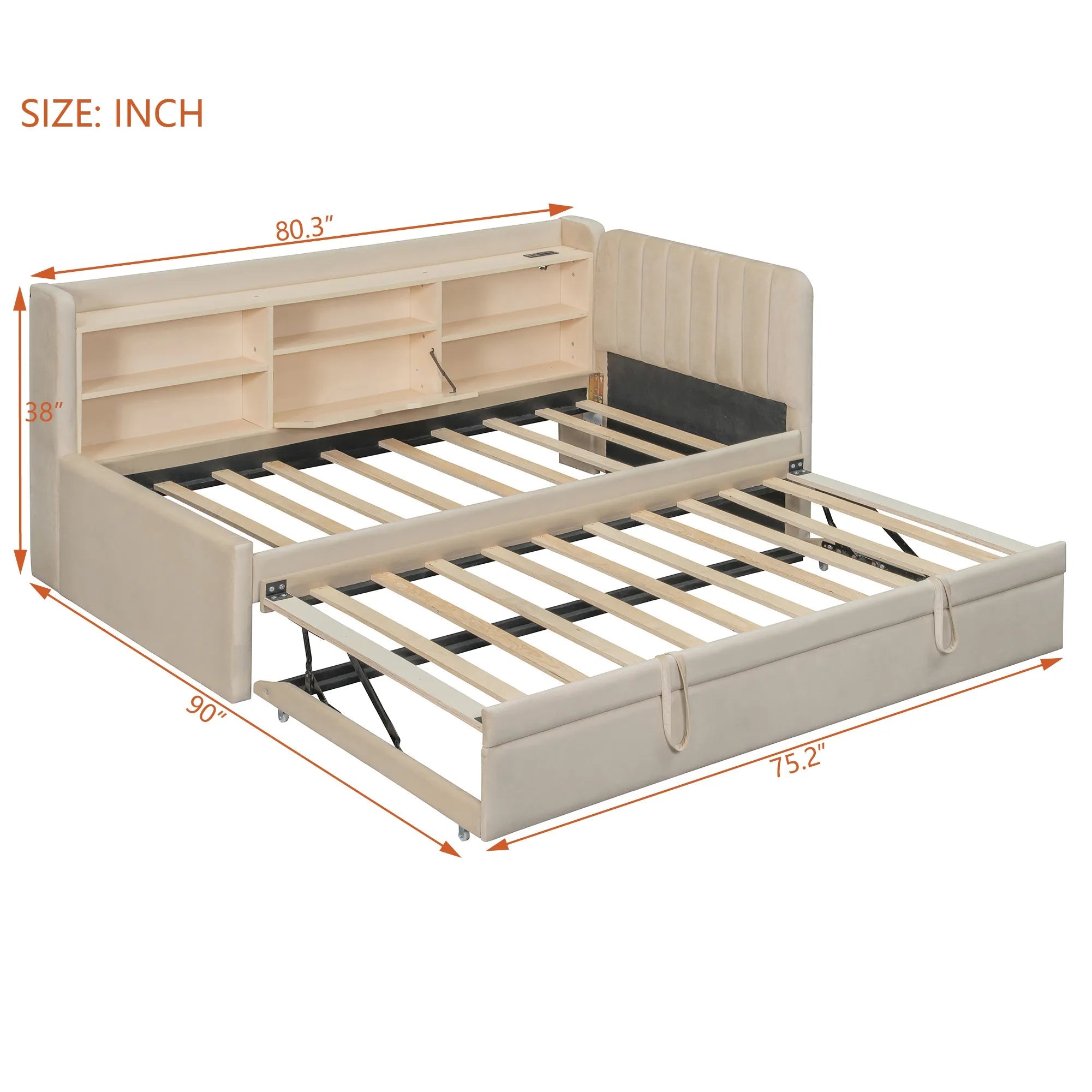 Bellemave® Twin Size Upholstered Daybed with Trundle, Storage Shelves, USB & Outlet - Bellemave
