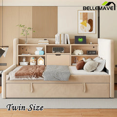 Bellemave® Twin Size Upholstered Daybed with Trundle, Storage Shelves, USB & Outlet - Bellemave