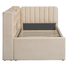 Bellemave® Twin Size Upholstered Daybed with Trundle, Storage Shelves, USB & Outlet - Bellemave