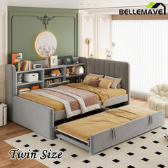 Bellemave® Twin Size Upholstered Daybed with Trundle, Storage Shelves, USB & Outlet - Bellemave