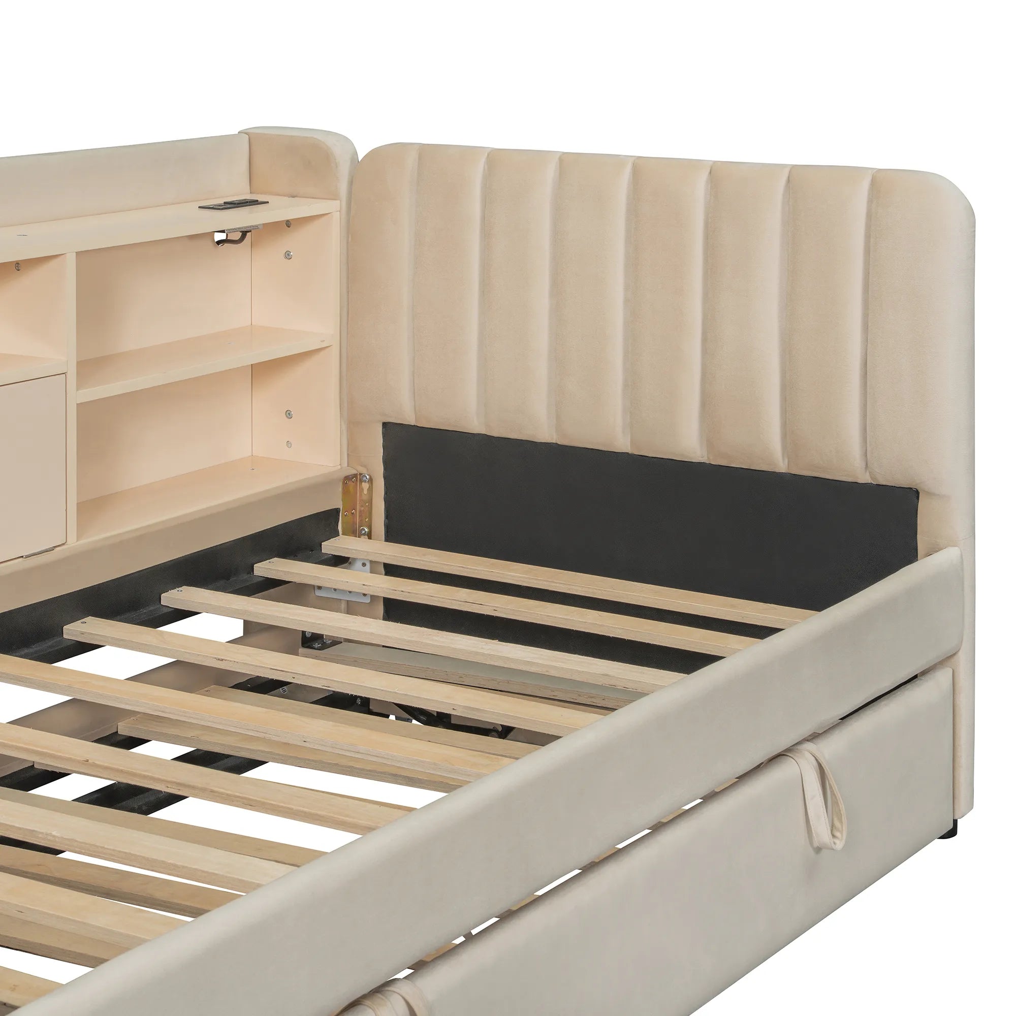 Bellemave® Twin Size Upholstered Daybed with Trundle, Storage Shelves, USB & Outlet - Bellemave