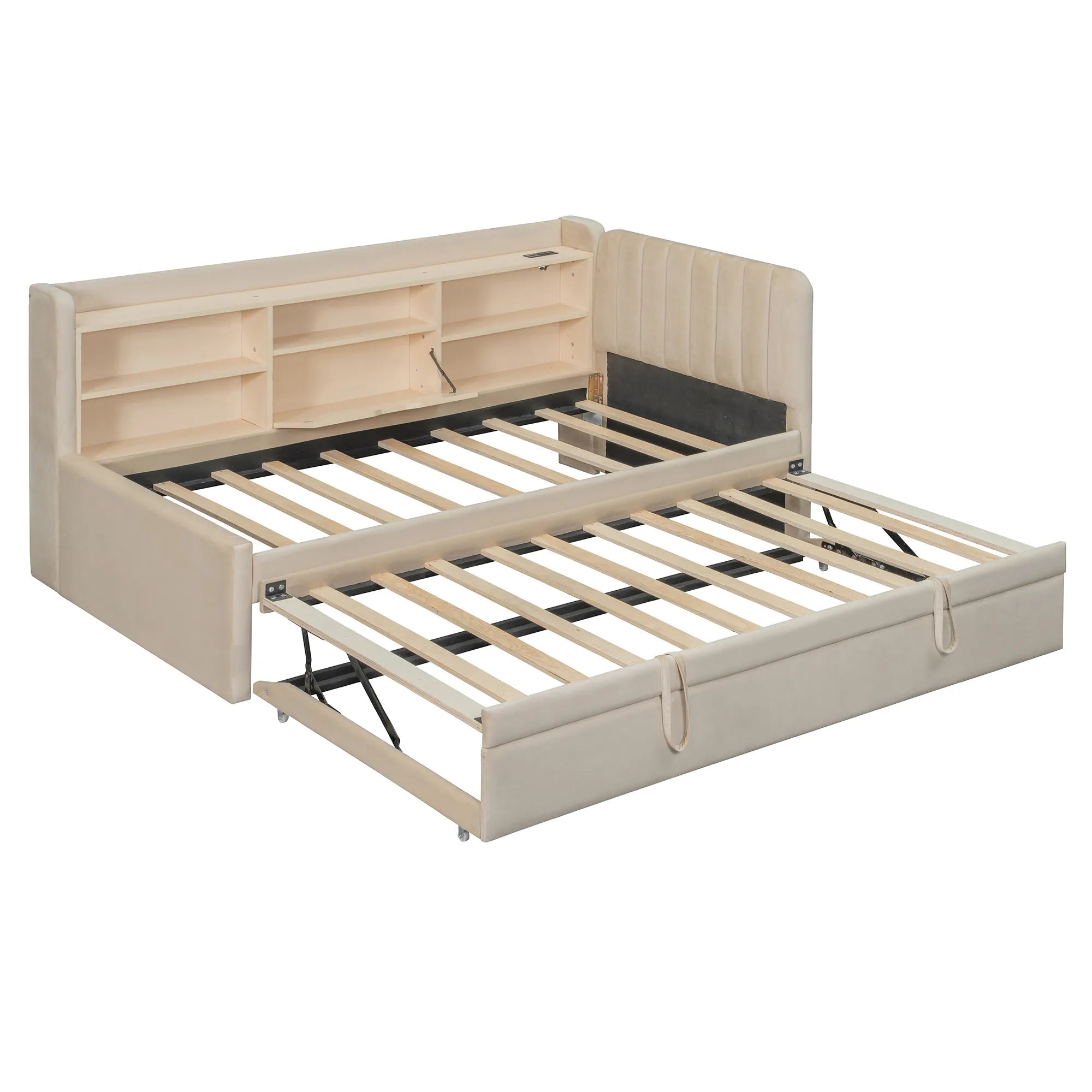 Bellemave® Twin Size Upholstered Daybed with Trundle, Storage Shelves, USB & Outlet - Bellemave