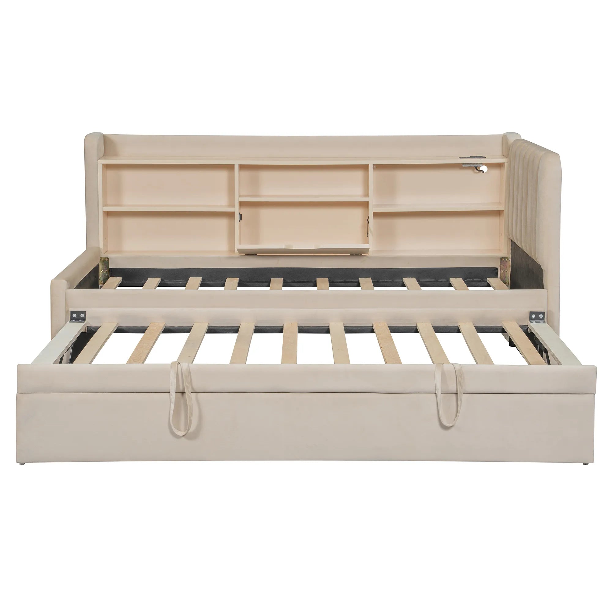 Bellemave® Twin Size Upholstered Daybed with Trundle, Storage Shelves, USB & Outlet - Bellemave