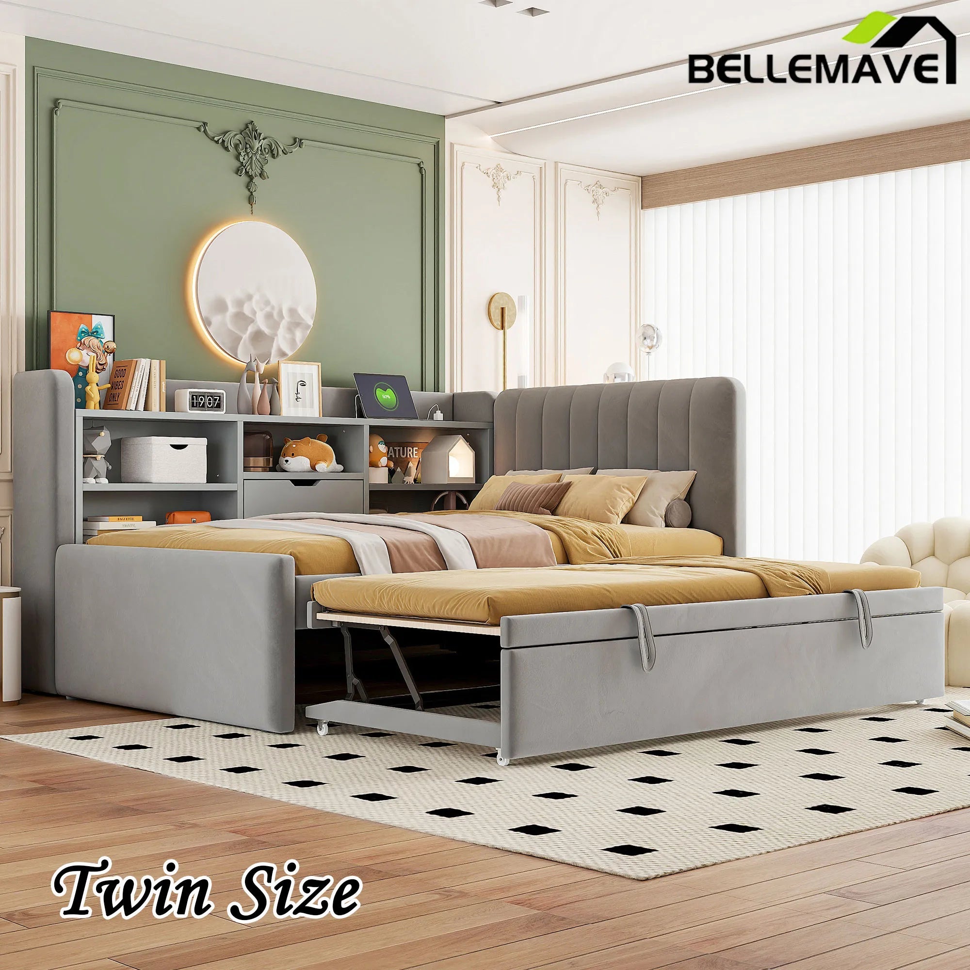 Bellemave® Twin Size Upholstered Daybed with Trundle, Storage Shelves, USB & Outlet - Bellemave