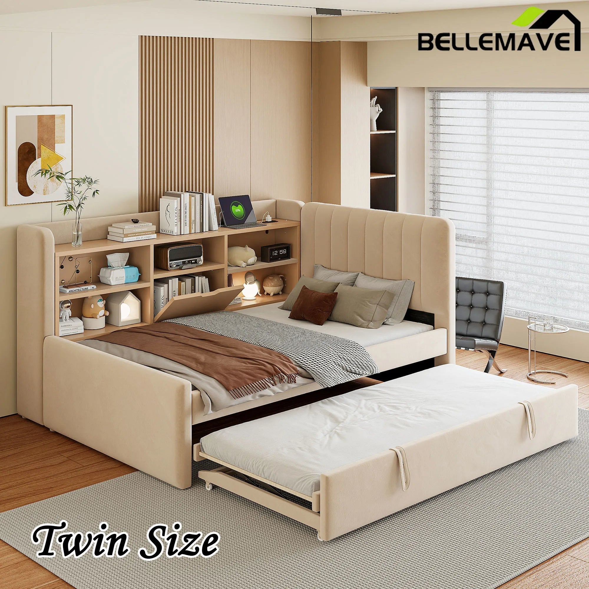 Bellemave® Twin Size Upholstered Daybed with Trundle, Storage Shelves, USB & Outlet - Bellemave