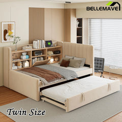 Bellemave® Twin Size Upholstered Daybed with Trundle, Storage Shelves, USB & Outlet - Bellemave