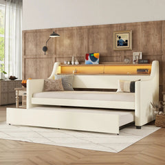 Bellemave® Twin Size Upholstered Daybed with Trundle, with Charging Station and LED Lights - Bellemave
