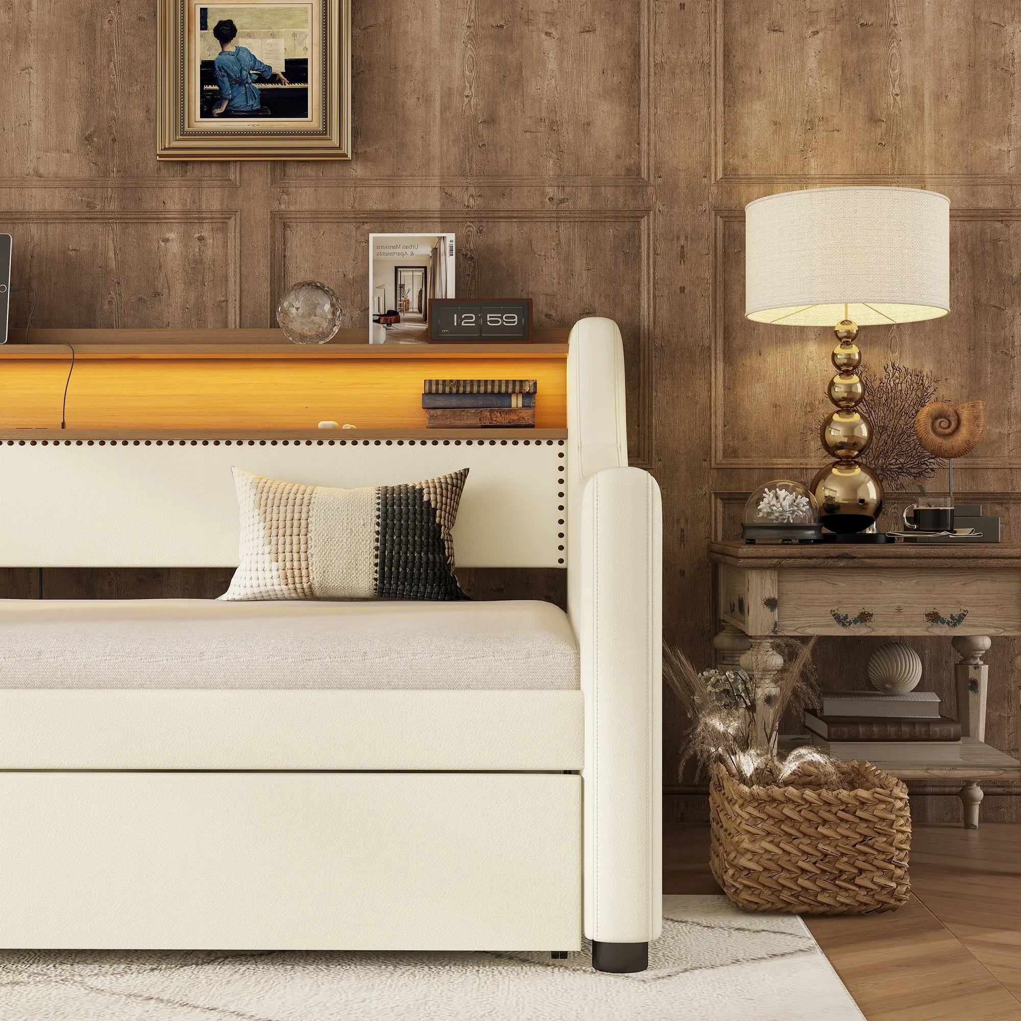 Bellemave® Twin Size Upholstered Daybed with Trundle, with Charging Station and LED Lights - Bellemave