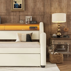 Bellemave® Twin Size Upholstered Daybed with Trundle, with Charging Station and LED Lights - Bellemave