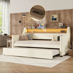 Bellemave® Twin Size Upholstered Daybed with Trundle, with Charging Station and LED Lights - Bellemave