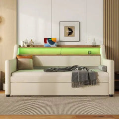 Bellemave® Twin Size Upholstered Daybed with Trundle, with Charging Station and LED Lights - Bellemave