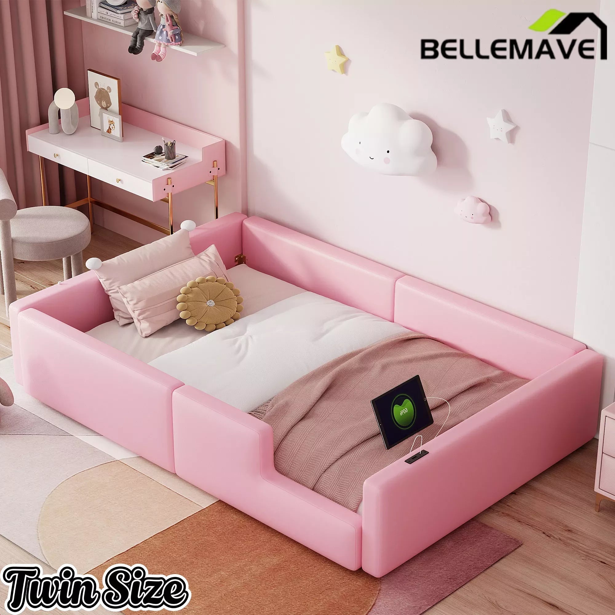 Bellemave® Twin Size Upholstered Platform Bed with Guardrail and Charging Station - Bellemave