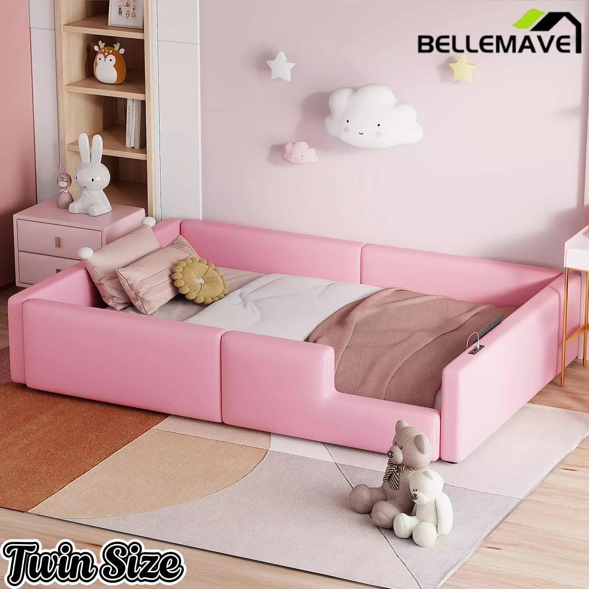Bellemave® Twin Size Upholstered Platform Bed with Guardrail and Charging Station - Bellemave