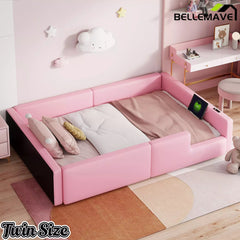 Bellemave® Twin Size Upholstered Platform Bed with Guardrail and Charging Station - Bellemave