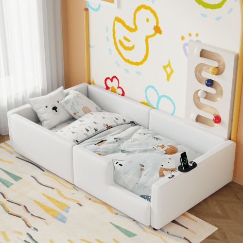 Bellemave® Twin Size Upholstered Platform Bed with Guardrail and Charging Station - Bellemave