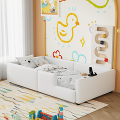 Bellemave® Twin Size Upholstered Platform Bed with Guardrail and Charging Station - Bellemave